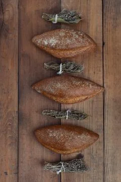 Three pieces of rye bread with herbs top view with copy space. Stock Photos