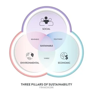Three Pillars of Sustainable Development framework diagram chart infographi.. Illustrazione stock