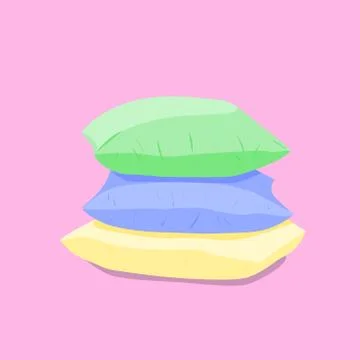 Three pillows of light blue, yellow and light green lie one on one on a lilac Stock Illustration
