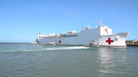 Three pilot ships steering U.S. Navy hospital ship USNS Comfort at Guantanamo Stock-Footage 227138019