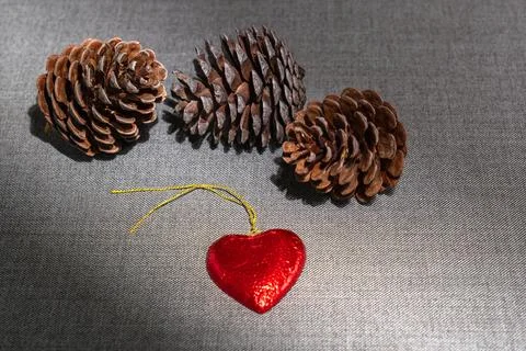 Three pine cones with a red chocolate heart on a gray background. Stock Photos