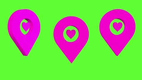 Three pink animated geolocation icons with hearts in the middle. Stock Footage 278912314