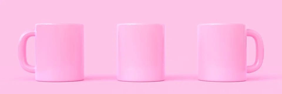 Three pink ceramic cup or empty mug for coffee, drink or tea on pink background Stock Illustration