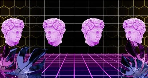 Three pink classical busts floating over retro grid image with geometric shapes 库存插图