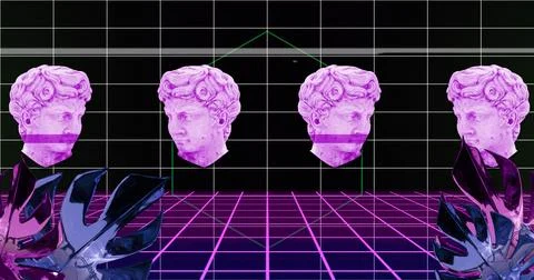 Three pink classical busts in image over neon grid and geometric shapes 스톡 사진