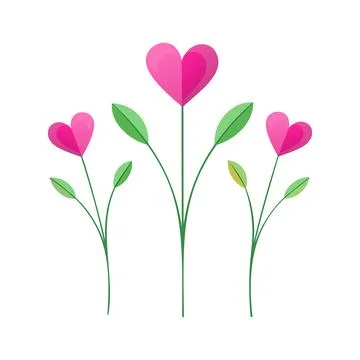 Three pink hearts shape flowers with green leaves Illustrazione stock