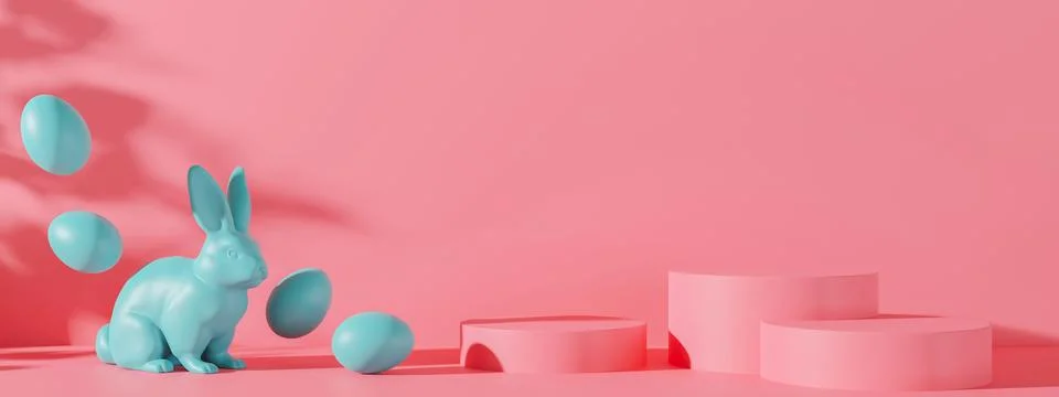 Three pink podiums with Easter eggs, rabbit and copy space. Vibrant stage for Stockillustratie