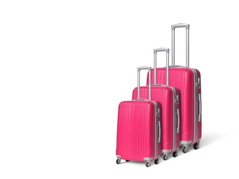 Three pink suitcases of different sizeson white background, travel concept and Stock Photos