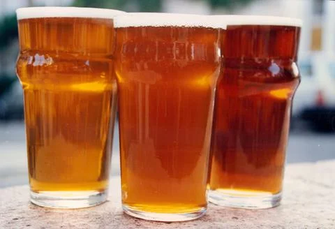 Three Pints Of Beer Worthingtons Fullers And Youngs 1993. Stock Photos
