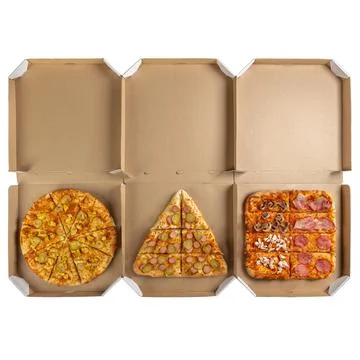 Three pizza boxes of round, triangular and square shape. Stock Photos