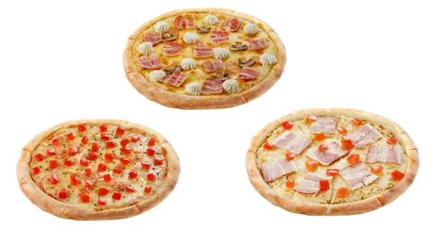 Three pizzas isolated on a white background. Italian food concept. Appetizing Stock Photos