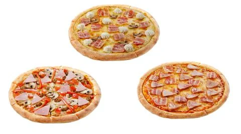 Three pizzas isolated on a white background. Italian food concept. Appetizing Stock Photos