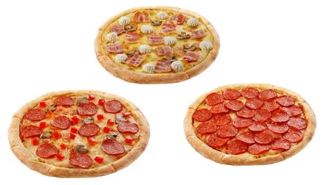 Three pizzas isolated on a white background. Italian food concept. Appetizing Stock Photos