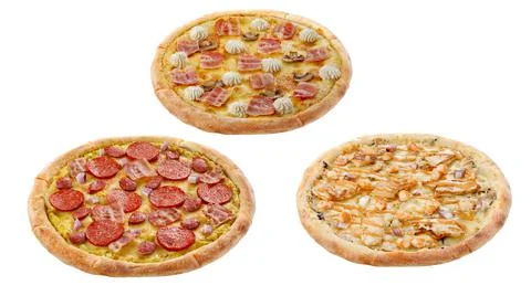 Three pizzas isolated on a white background. Italian food concept. Appetizing Stock Photos