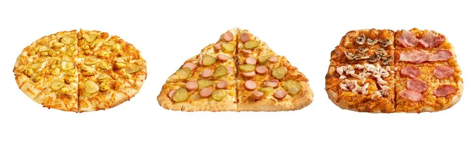 Three pizzas in the shape of a circle, triangle and square 写真素材