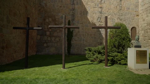 Three plain wooden crosses standing on green grass, representing faith, mem.. Stock Footage 335641652