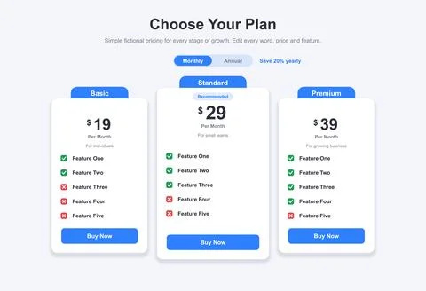 Three Plan Pricing Comparison Cards With Blue Headers and Buttons Stock Illustration