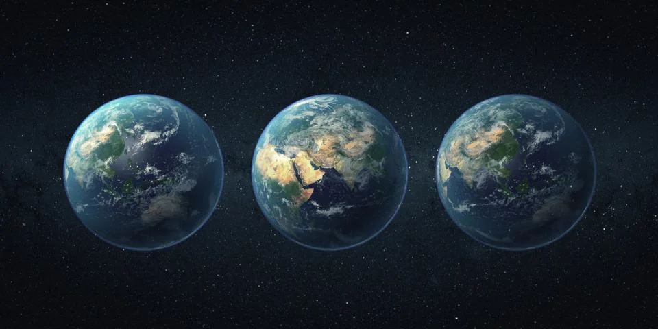 Three Planets Earth. 3d rendering. Elements of this image furnished by NASA 스톡 사진