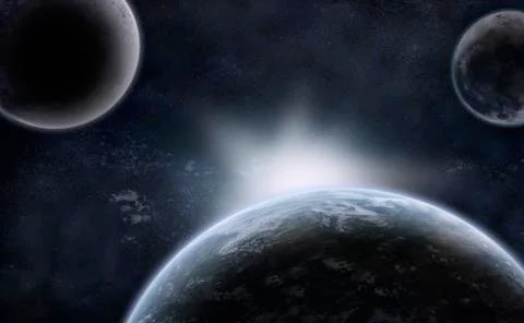 Three planets over the nebulae Stock Illustration