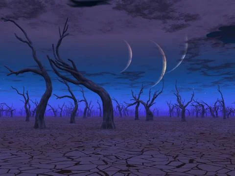 Three planets rise over dead lands Stock Illustration