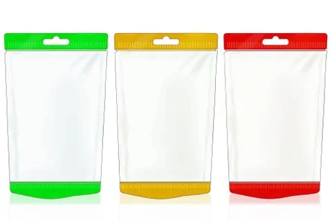 Three plastic bag: white-green, white-yellow, white-red on a white isolated b Stock Photos