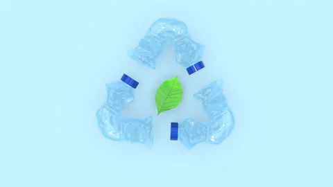 Three plastic bottles rotating around green leaf symbolizes protection planet Stock Footage 159091029