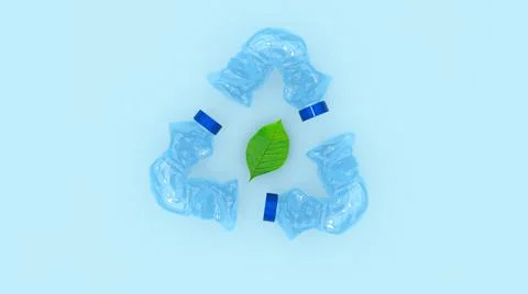 Three plastic bottles rotating around green leaf symbolizes protection planet Stock Illustration