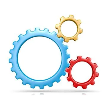 Three plastic colorful gears engaged 3d illustration isolated on white backgr Ilustración de archivo