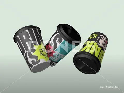 Three Plastic Drink Cup Mockup Floating in The Air 3D Rendering PSD Template