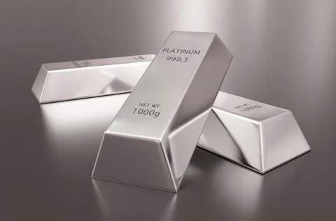 Three platinum ingots or bars stacked over reflective silver colored backgrou Stock Illustration