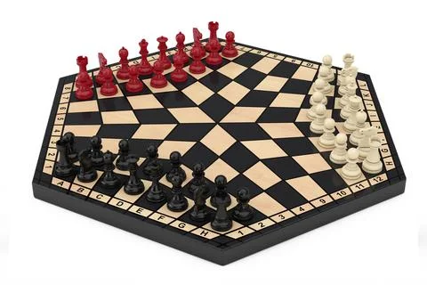 Three Players Hexagonal Chessboard with Chess. 3d Rendering Stock Illustration