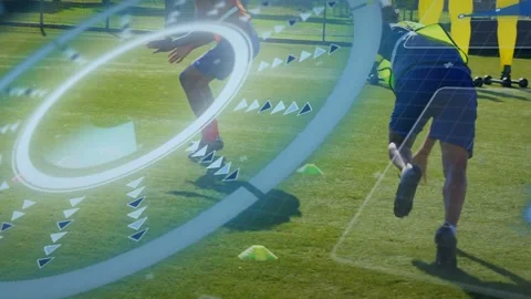 Three players rising into fast start, sprinting training cone drill, overlay Stock Footage 333221176