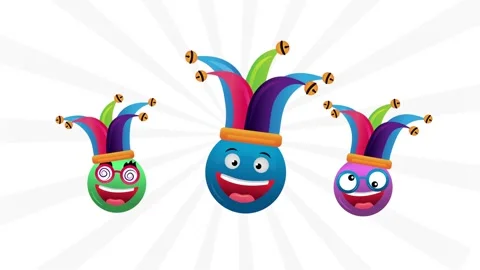 Three playful jester emoji faces with bells dance and express joy on a brig.. Video stock 333547012