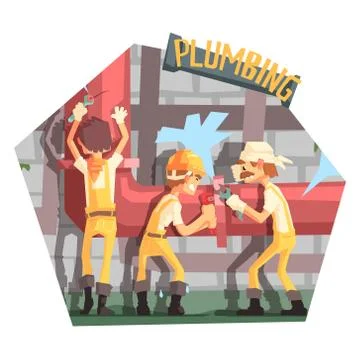 Three Plumbers At Work Funny Scene Stock Illustration