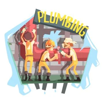 Three Plumbers At Work Funny Scene Stock Illustration