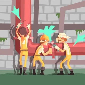 Three Plumbers At Work Funny Scene Stock Illustration
