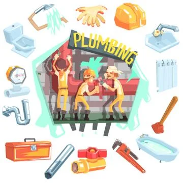 Three Plumbers At Work Surrounded By Profession Related Objects Stock Illustration