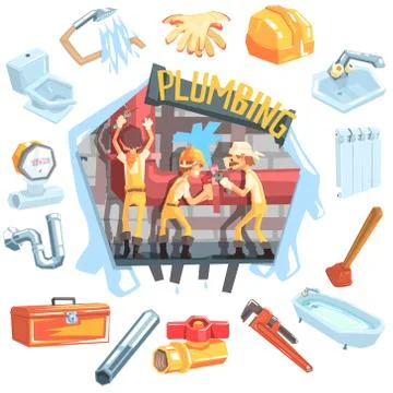 Three Plumbers At Work Surrounded By Profession Related Objects Stock Illustration