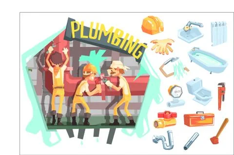 Three Plumbers At Work Surrounded By Profession Related Objects Stock Illustration