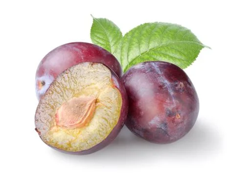 Three plums with leaves Stock Photos