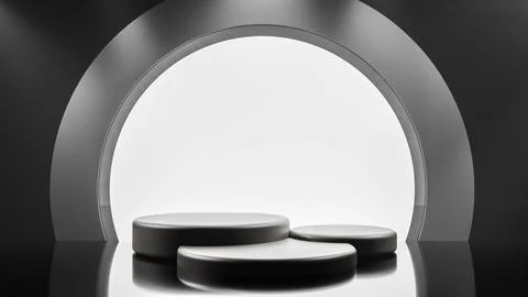 Three podium cylinders for product presentation with round arch. black mono.. Stock Illustration