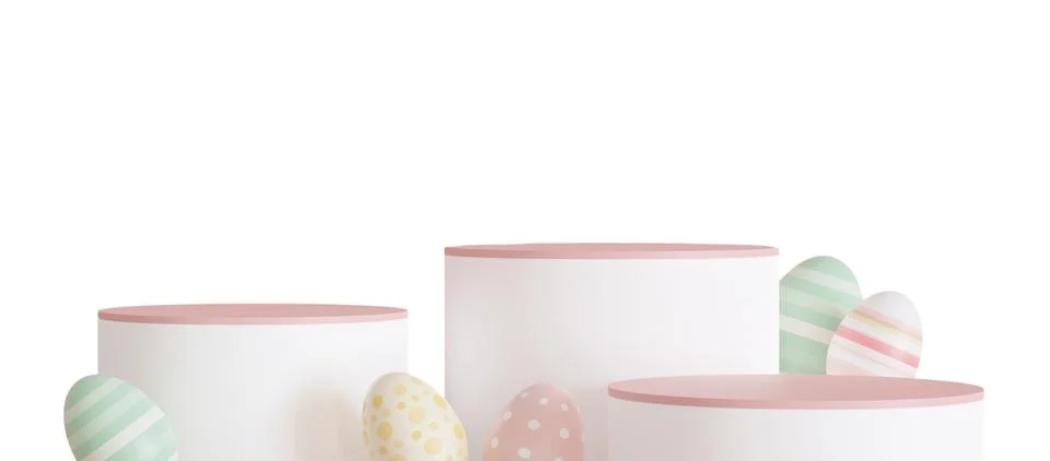 Three podiums of different sizes are arranged together. Colorful Easter egg.. Stock Photos