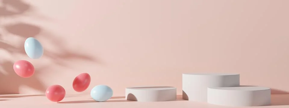 Three podiums with Easter eggs and copy space on pink background. Modern stage Stock Illustration