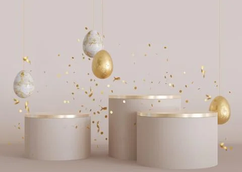 Three podiums with golden Easter eggs and copy space. Modern stage for product Stock Illustration