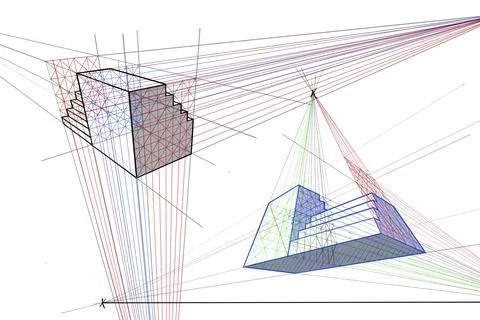 Three point perspective. Visual material for art students. Stock Illustration