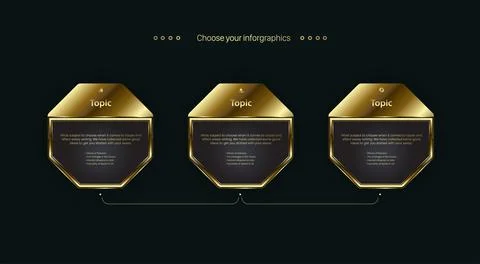 Three polygon golden shape buttons design, the premium options chart for leve Stock Illustration
