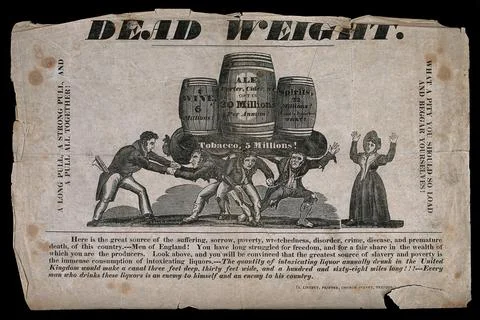 Three poor men burdened with barrels of alcohol, being freed by a man from .. Stock Illustration
