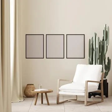 Three poster frames mock up in boho style interior background with white armc Stockillustratie
