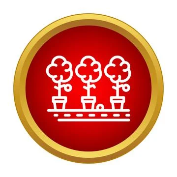Three potted plants in a line within a golden edged red circular icon Stock Illustration