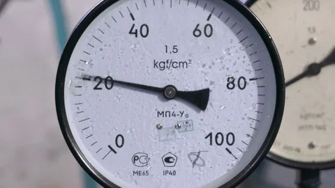 Three pressure gauges at the test bench of hydraulic equipment. Manometer arrows Stock Footage 75331511